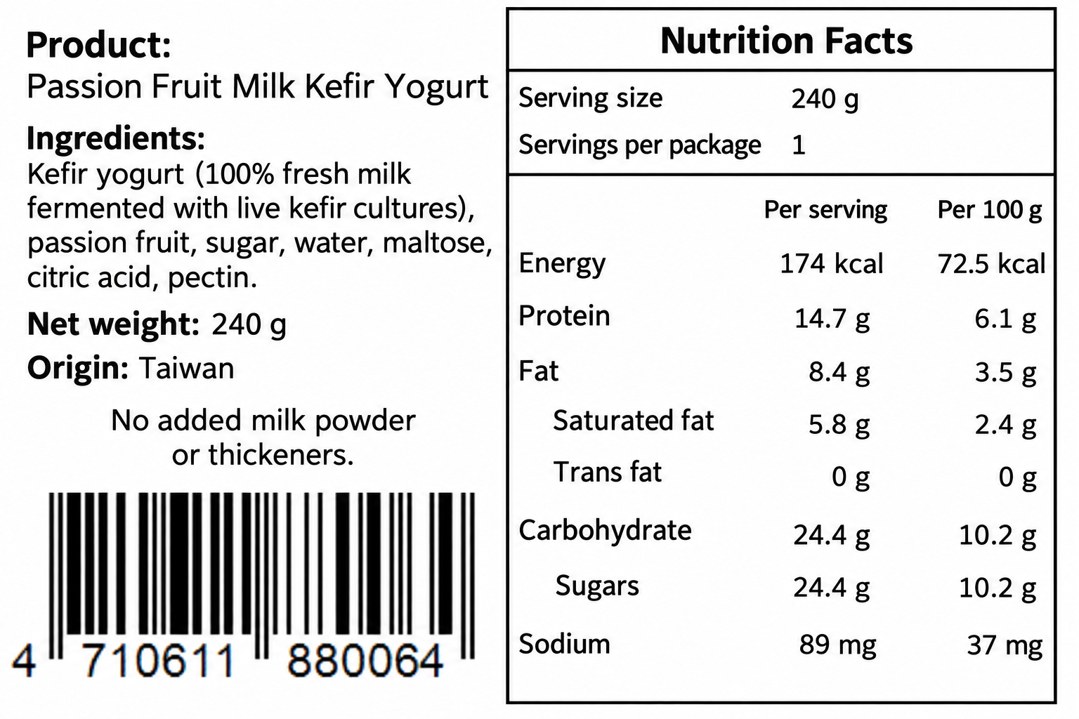 Passion fruit milk kefir nutrition label in English
