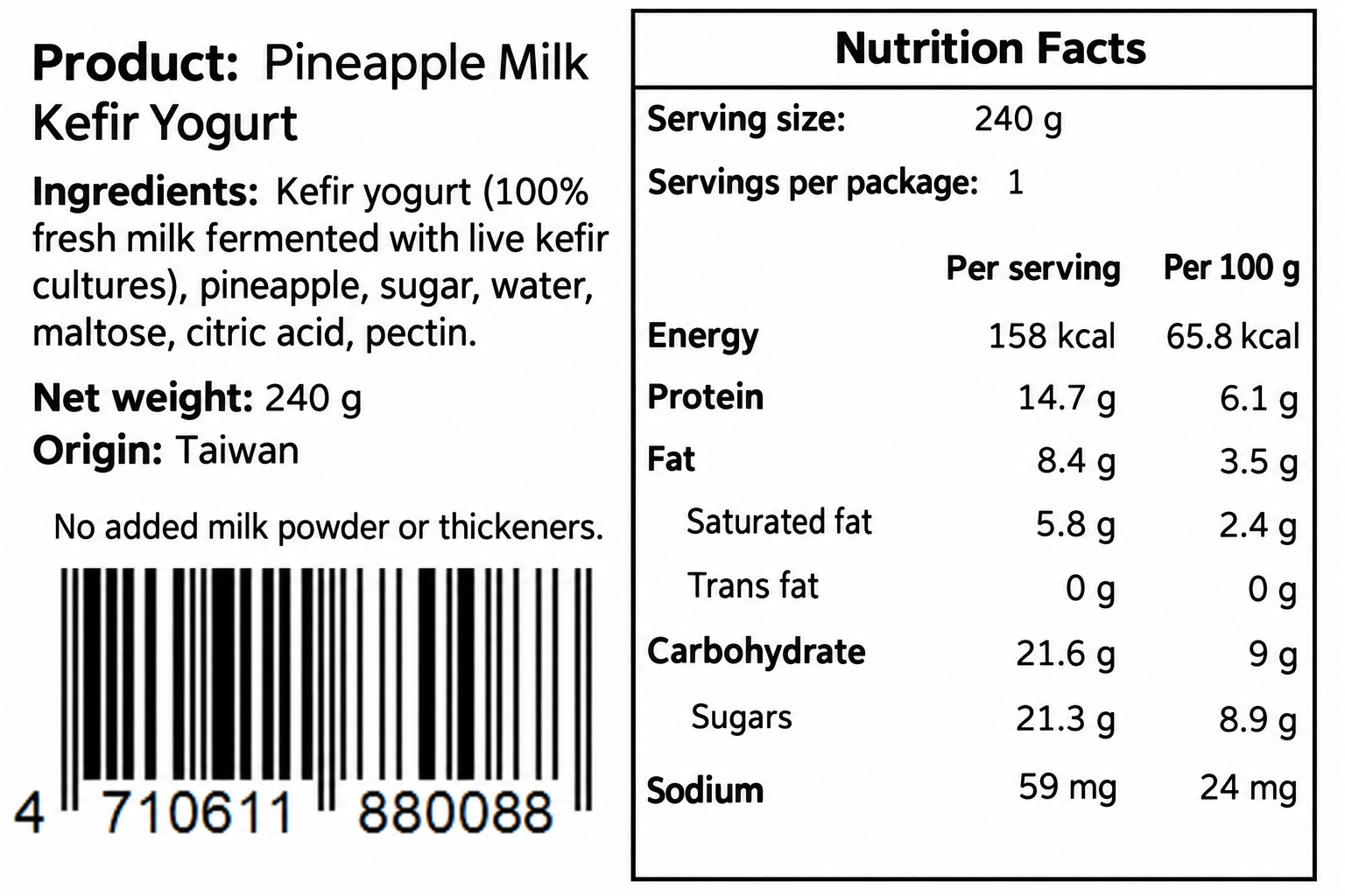Pineapple milk kefir nutrition label in English
