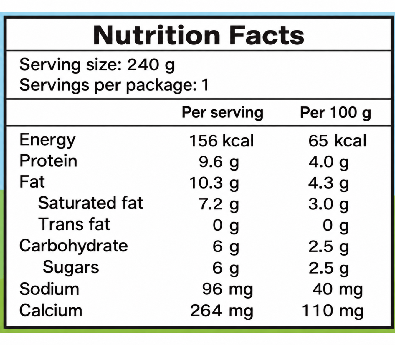 Plain 240g milk kefir nutrition label in English