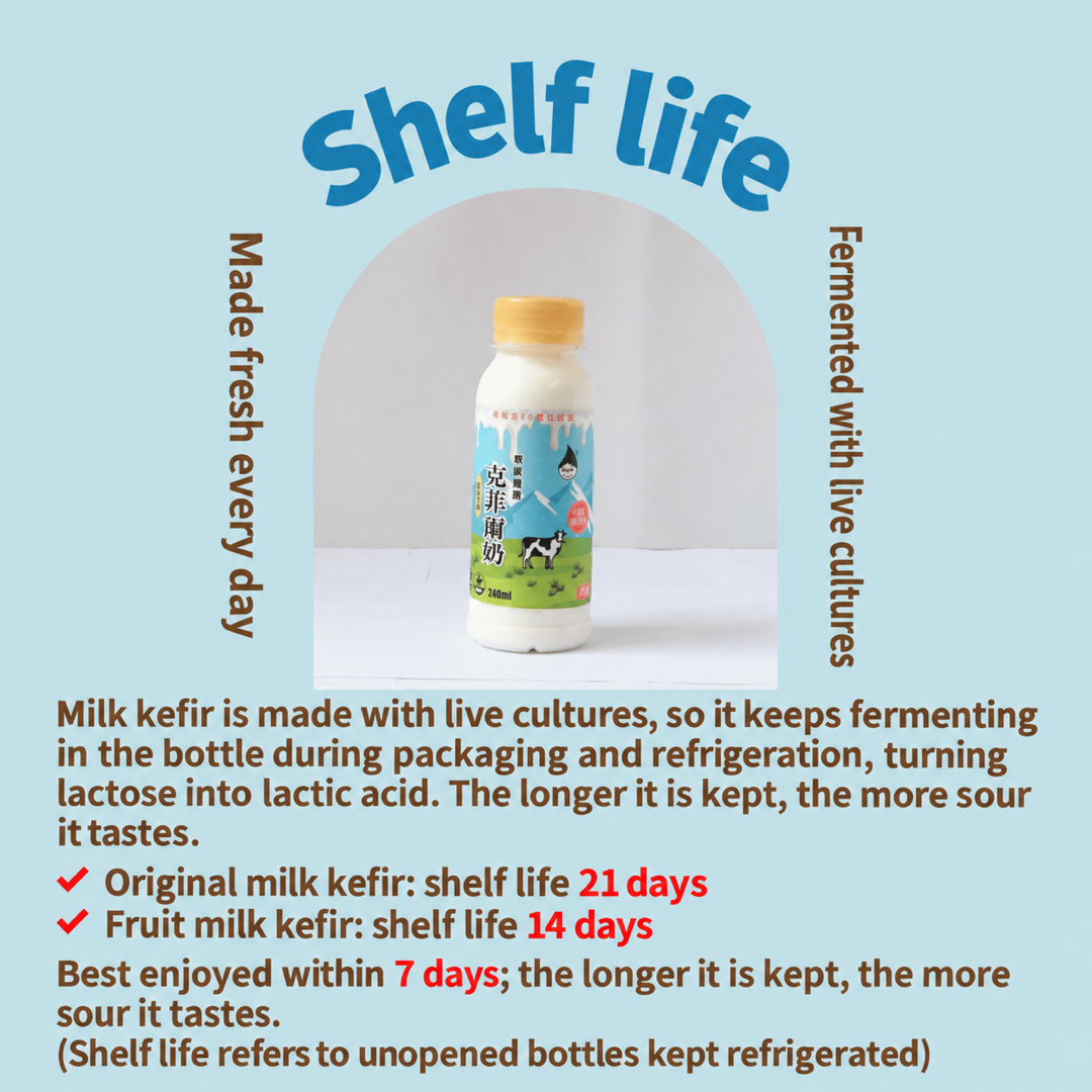 Shelf life: original milk kefir 21 days, fruit milk kefir 14 days unopened in the fridge; best within 7 days