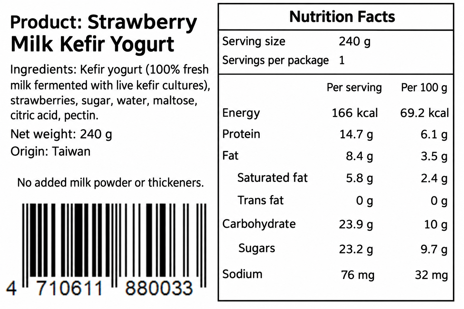 Strawberry milk kefir nutrition label in English
