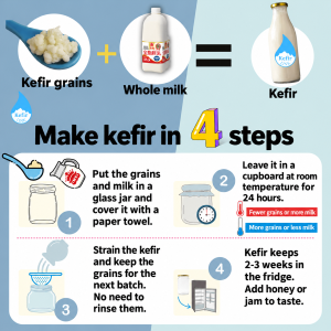 How to make kefir in four steps: add grains and whole milk to a jar, leave 24 hours at room temperature, strain and keep the grains, store 2-3 weeks in the fridge