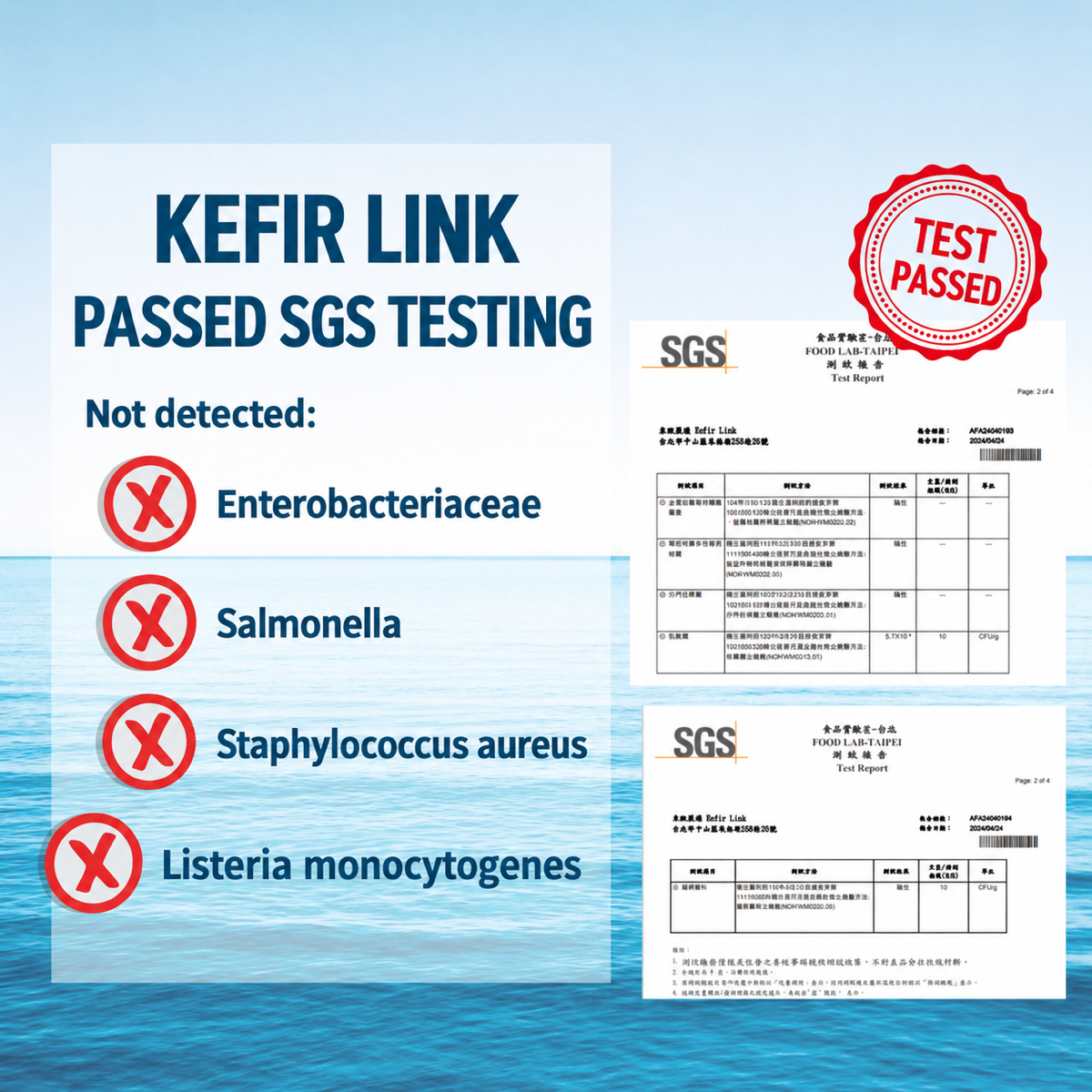 東歐嚴選|kefir.link milk kefir passed SGS testing: Enterobacteriaceae, Salmonella, Staphylococcus aureus and Listeria not detected
