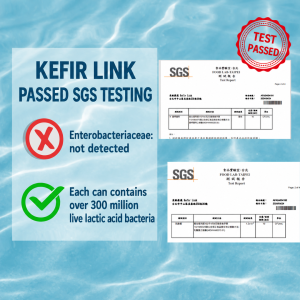 Two SGS test reports for water kefir: Enterobacteriaceae not detected, over 300 million live lactic acid bacteria per can
