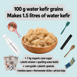 Water Kefir Grains Starter Kit: bowl of 100 g grains with cane sugar, strainer, bottle, spatula, spoon, thermometer and pH strips