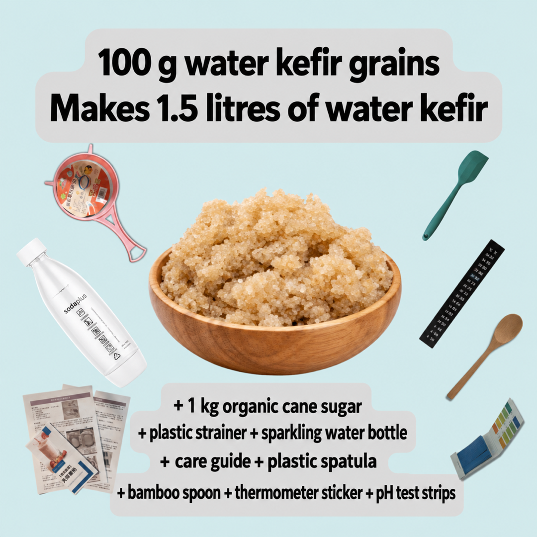 Water Kefir Grains Starter Kit: bowl of 100 g grains with cane sugar, strainer, bottle, spatula, spoon, thermometer and pH strips