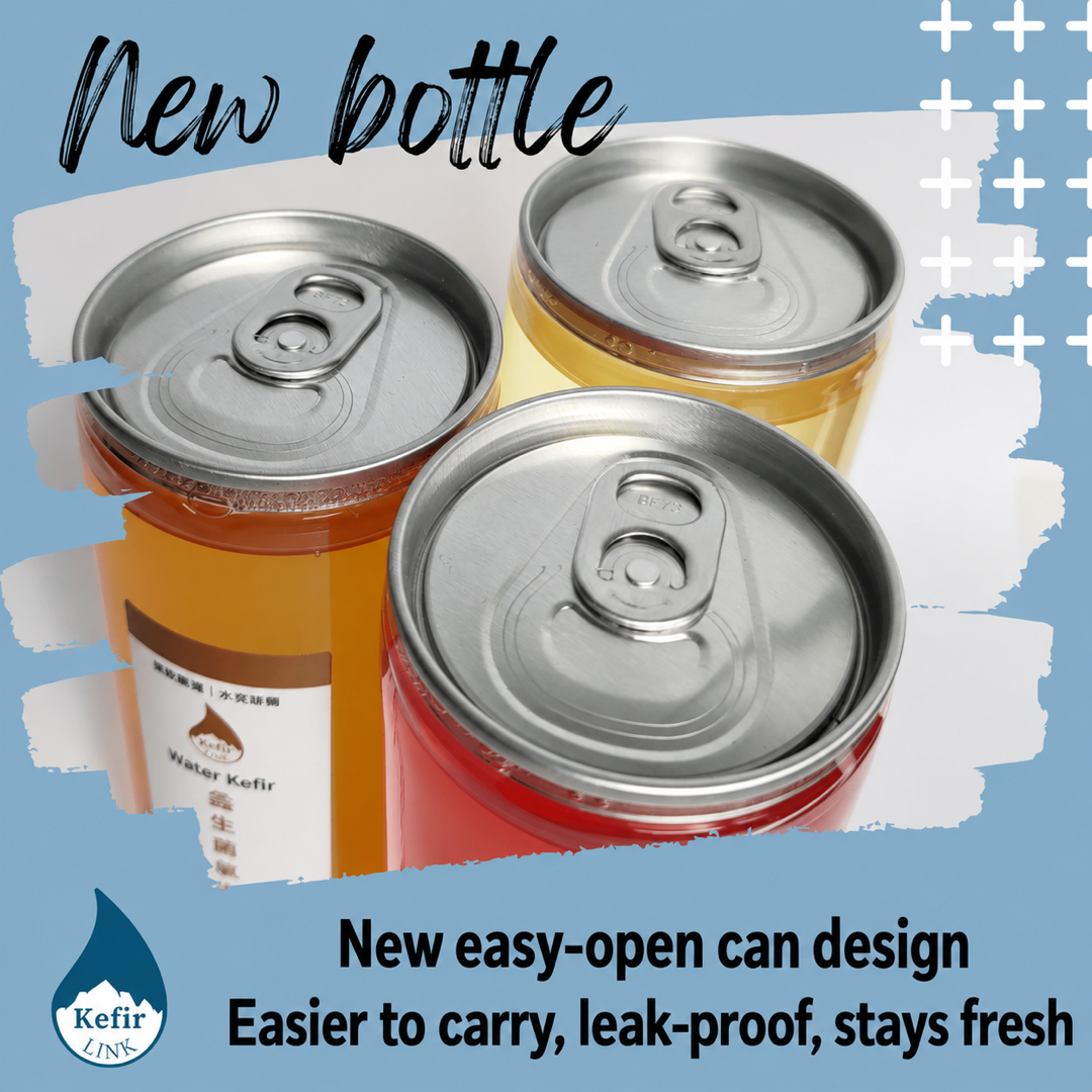 Close-up of three water kefir can tops showing the new easy-open lid