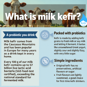 What is milk kefir: Caucasus origin, made with kefir grains, tastes like plain Greek yogurt, up to 57 billion bacteria per 100 g