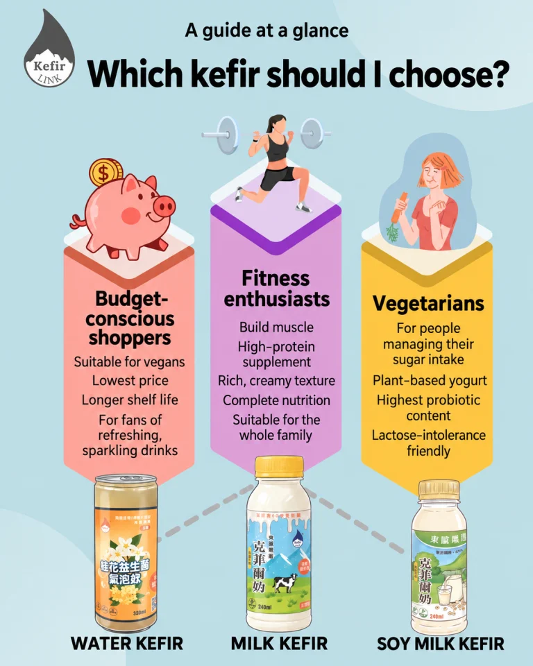 Guide to choosing: water kefir for budget and fizzy drinks, milk kefir for fitness and family, soy milk kefir for vegetarians